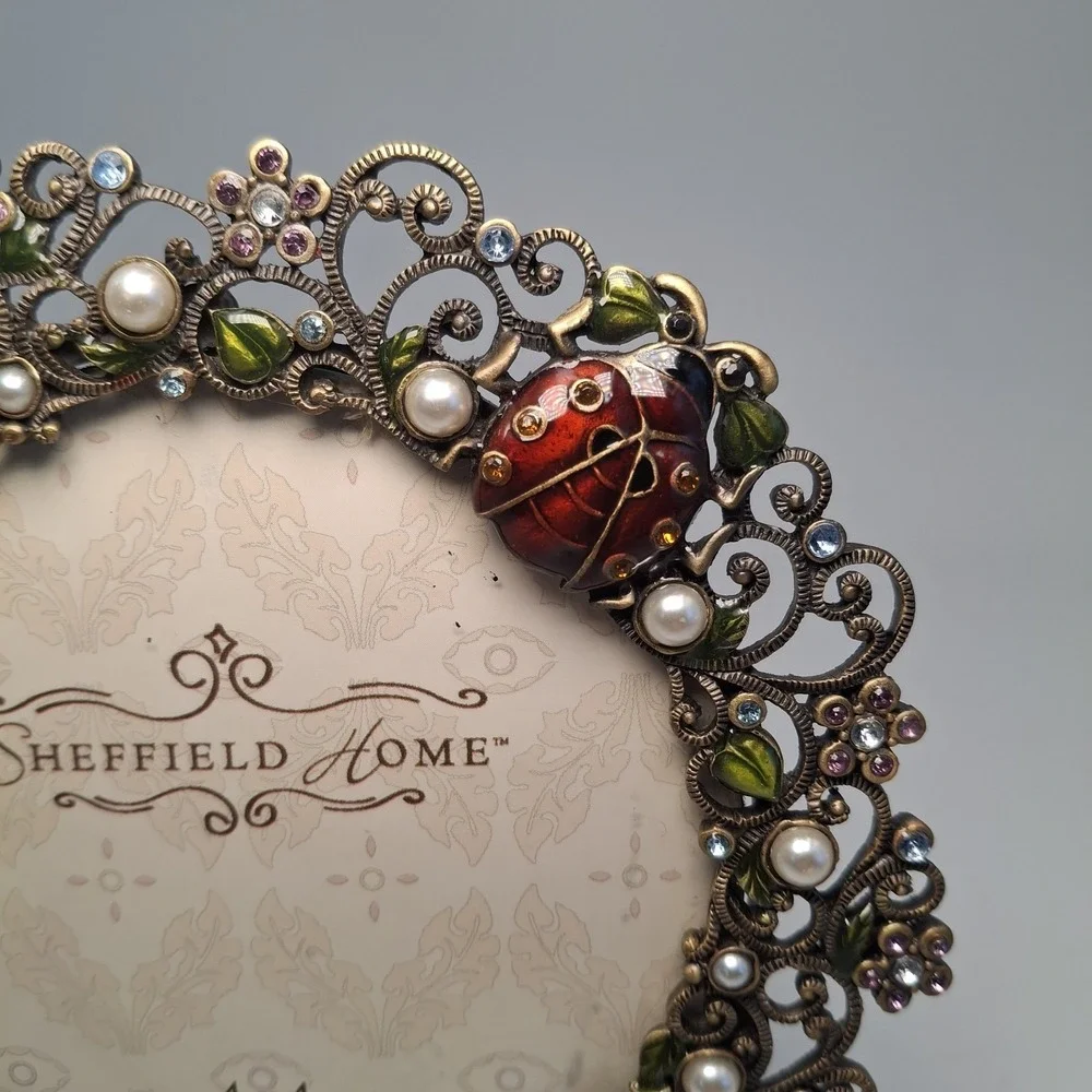 Sheffield Home 4x4 Picture Frame Ladybug Pearl Rhinestone Filigree Bronze Oval
